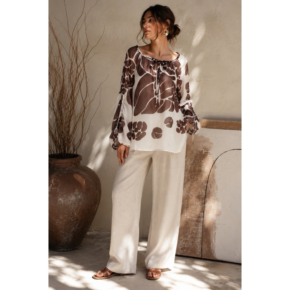 Milly Brown Abstract Silk Sheer Tunic Blouse Sz 10 Boho Romantic Designer Artsy